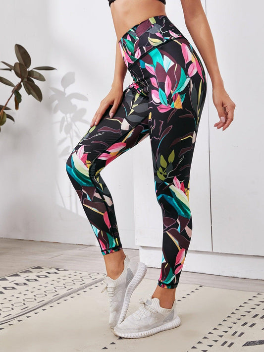 LEAF PRINT HIGH WAIST LEGGINGS - pink kangaroo yoga