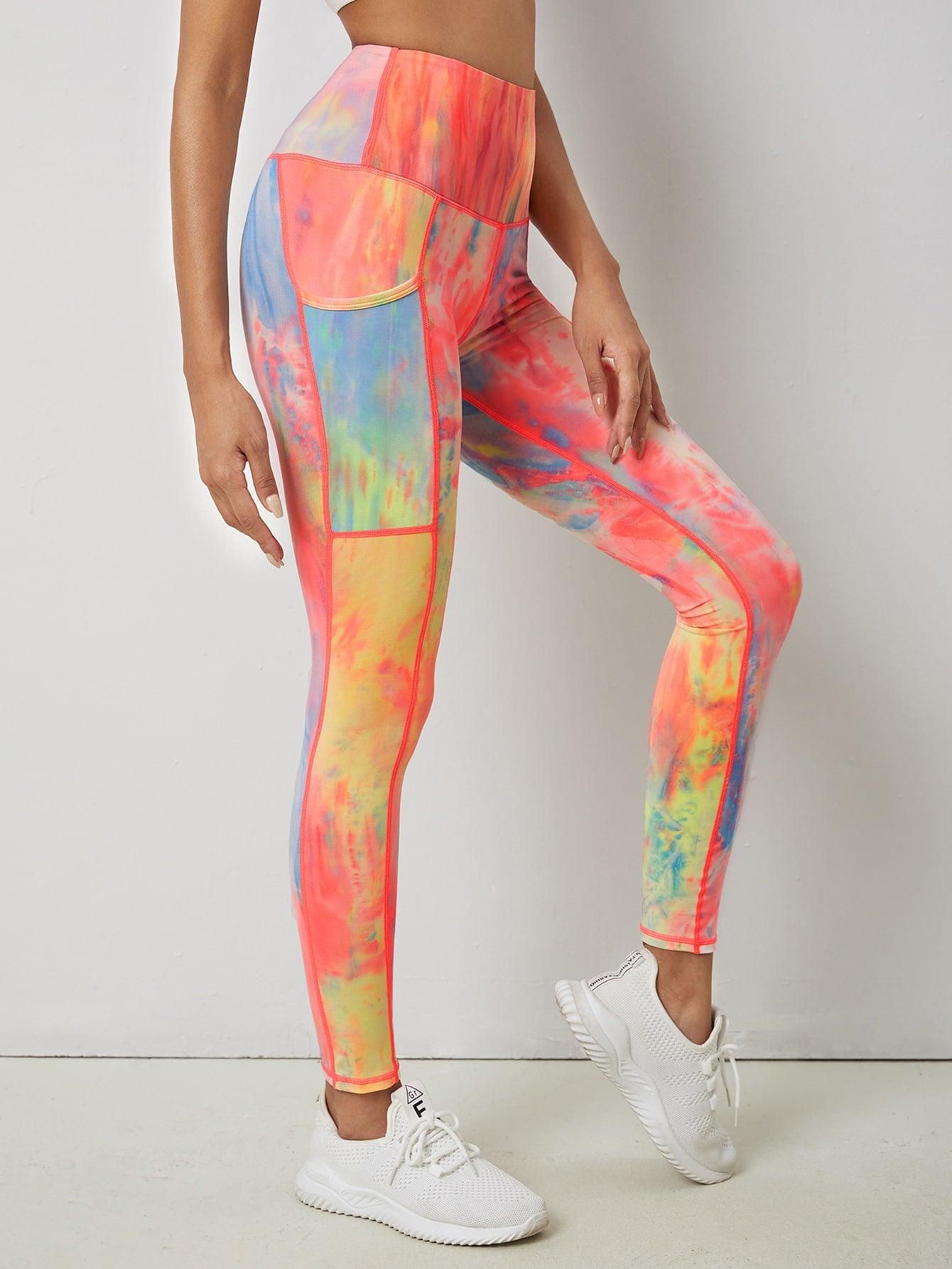 POCKED PATCHED TIE DYE LEGGINGS - pink kangaroo yoga