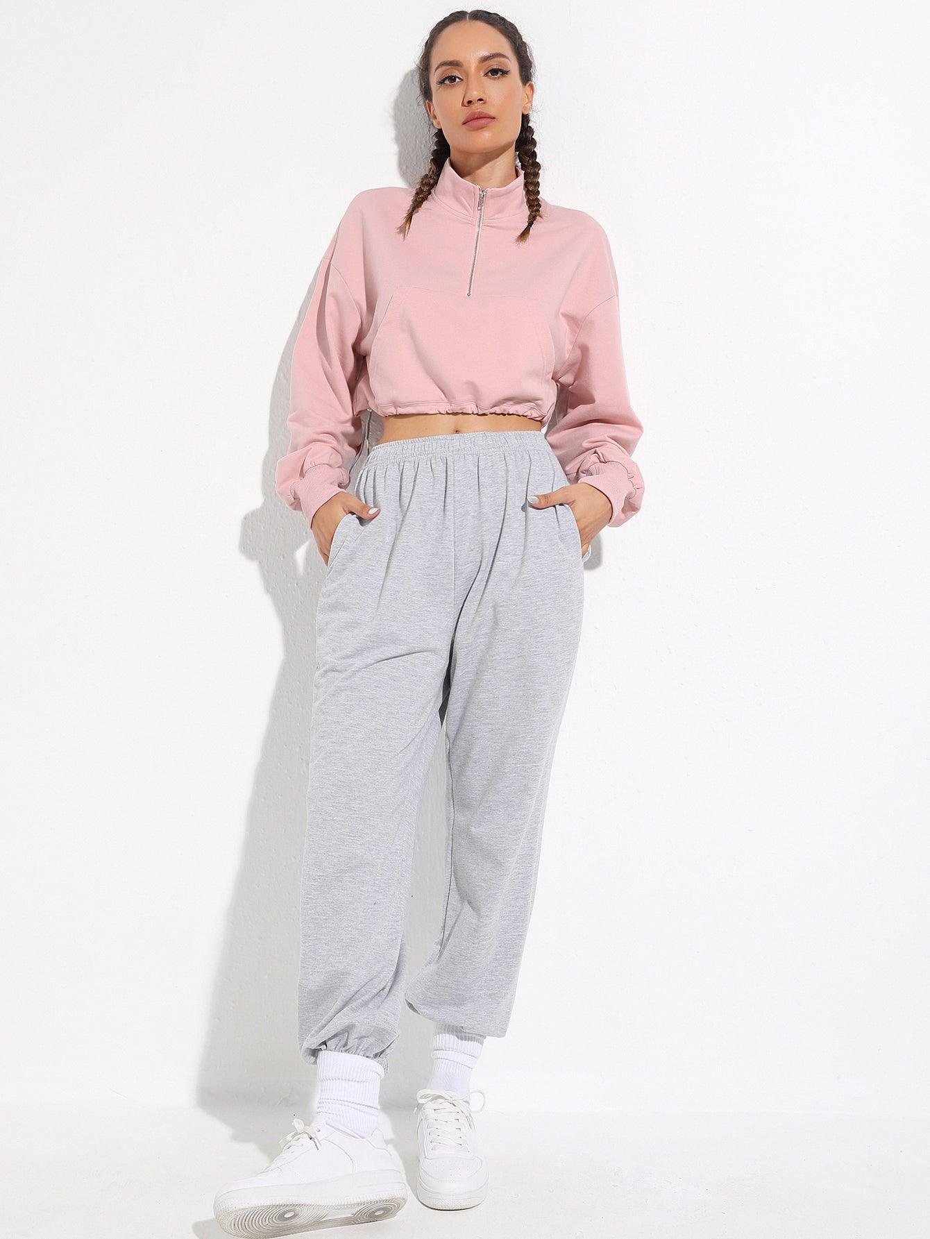 ZIPPER CROP HOODIE - pink kangaroo yoga