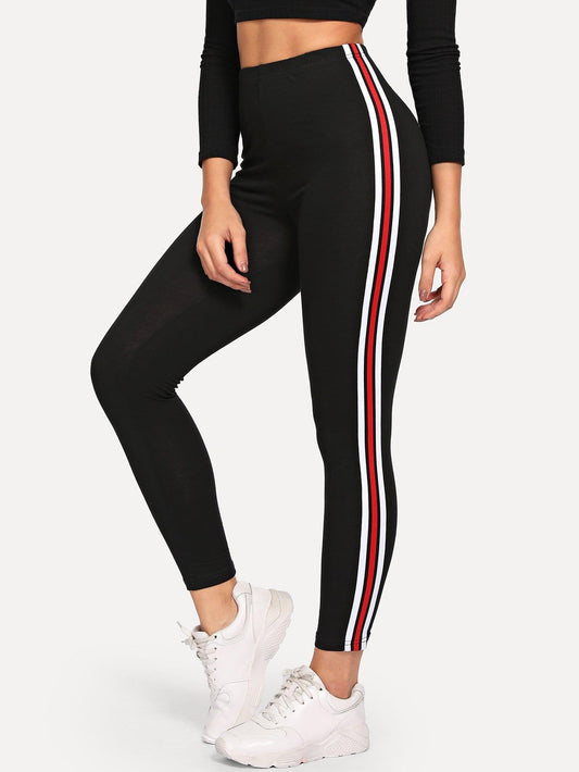 RED STRIPED LEGGINGS - pink kangaroo yoga