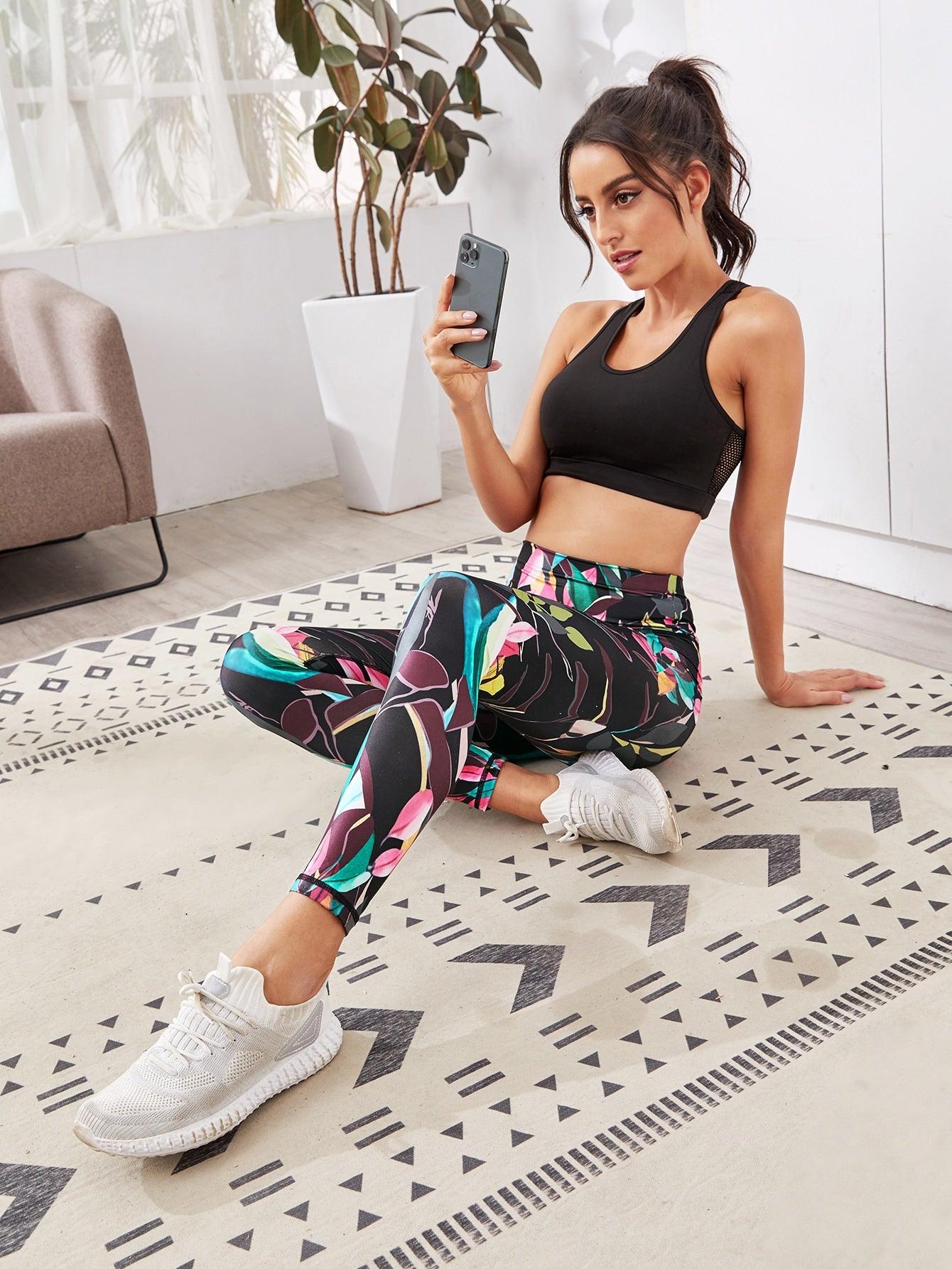 LEAF PRINT HIGH WAIST LEGGINGS - pink kangaroo yoga