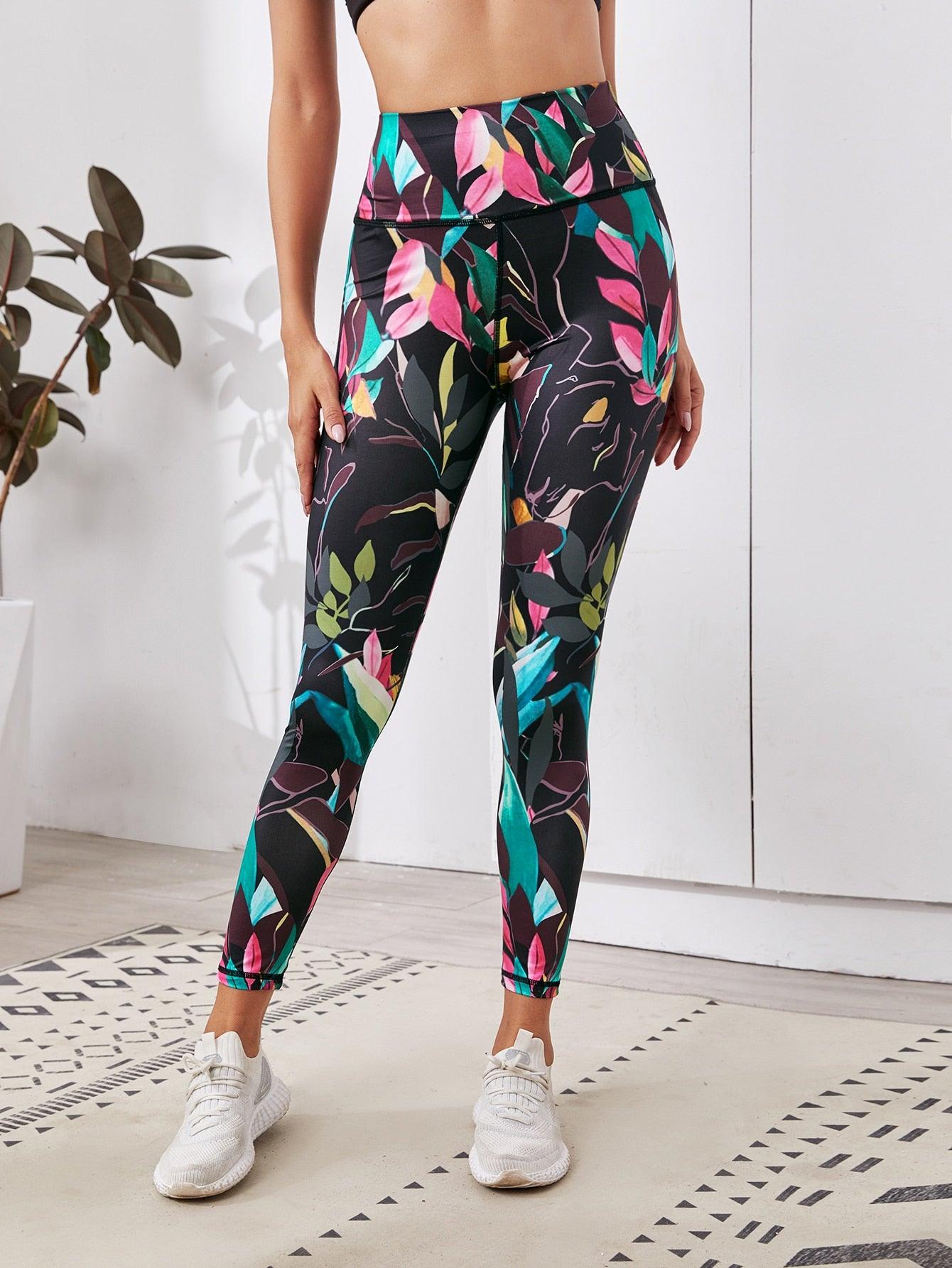 LEAF PRINT HIGH WAIST LEGGINGS - pink kangaroo yoga