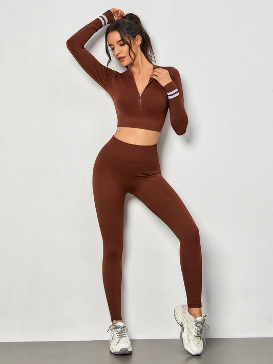 STRIPED ZIP SPORTS SET - pink kangaroo yoga