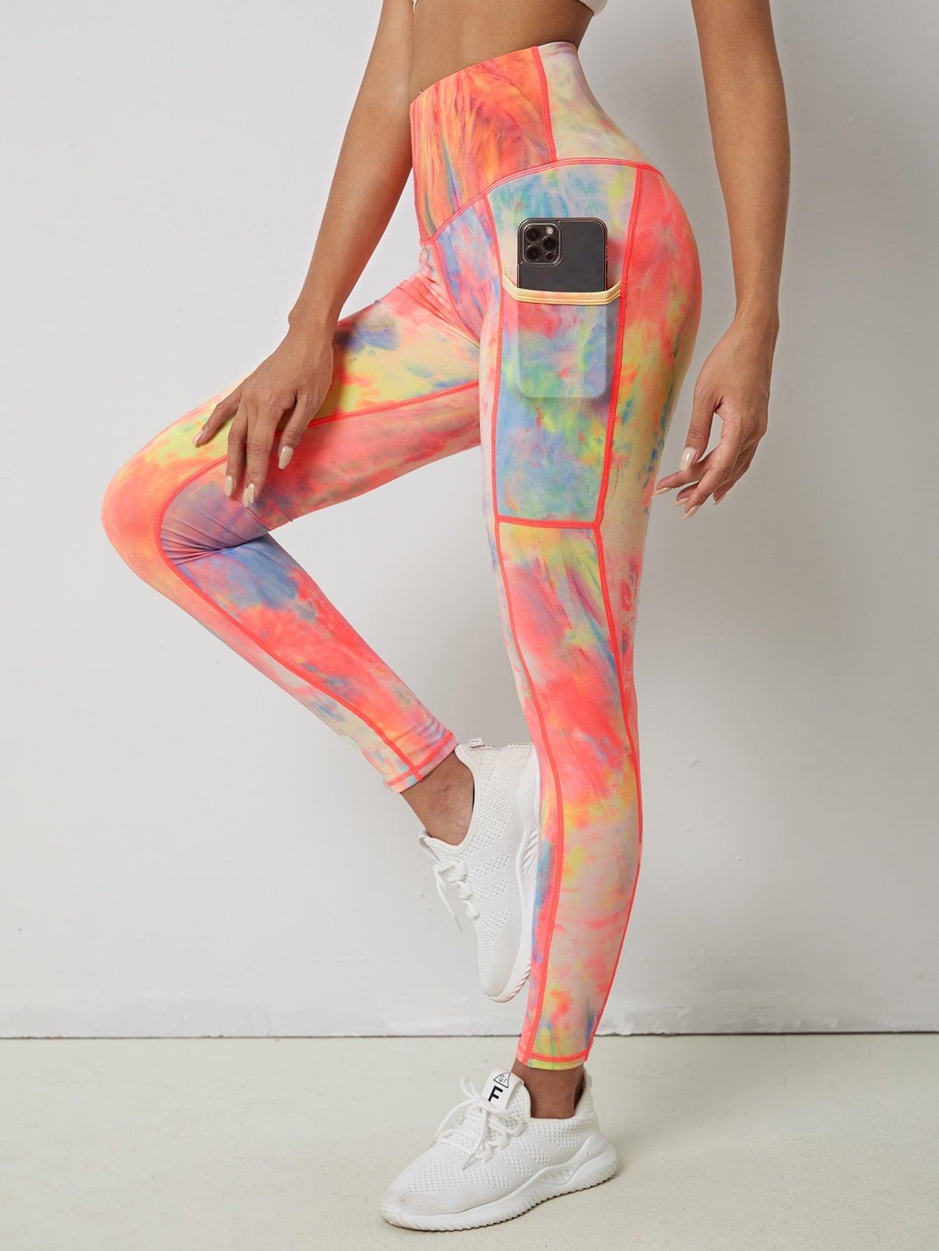 POCKED PATCHED TIE DYE LEGGINGS - pink kangaroo yoga