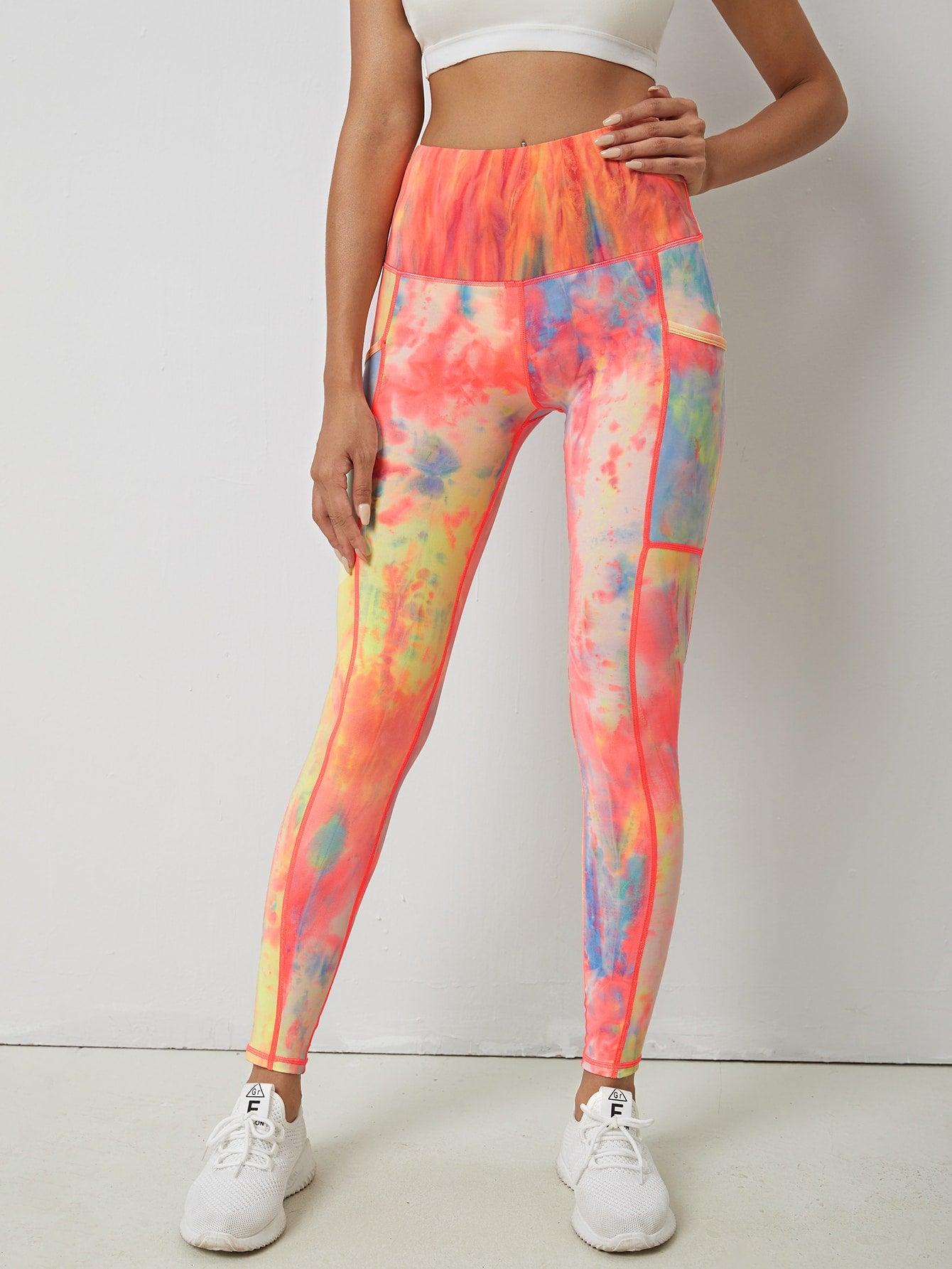 POCKED PATCHED TIE DYE LEGGINGS - pink kangaroo yoga