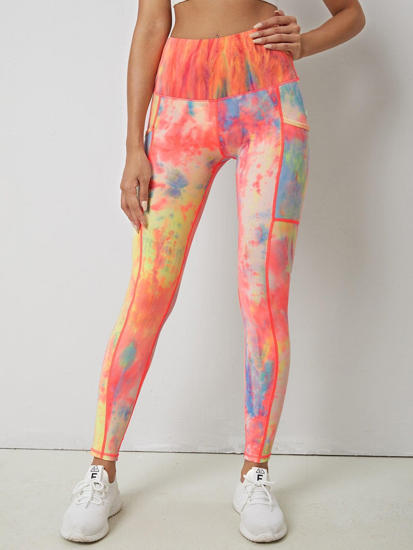 POCKED PATCHED TIE DYE LEGGINGS - pink kangaroo yoga
