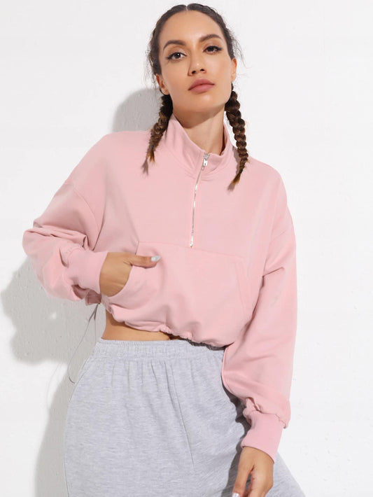 ZIPPER CROP HOODIE - pink kangaroo yoga