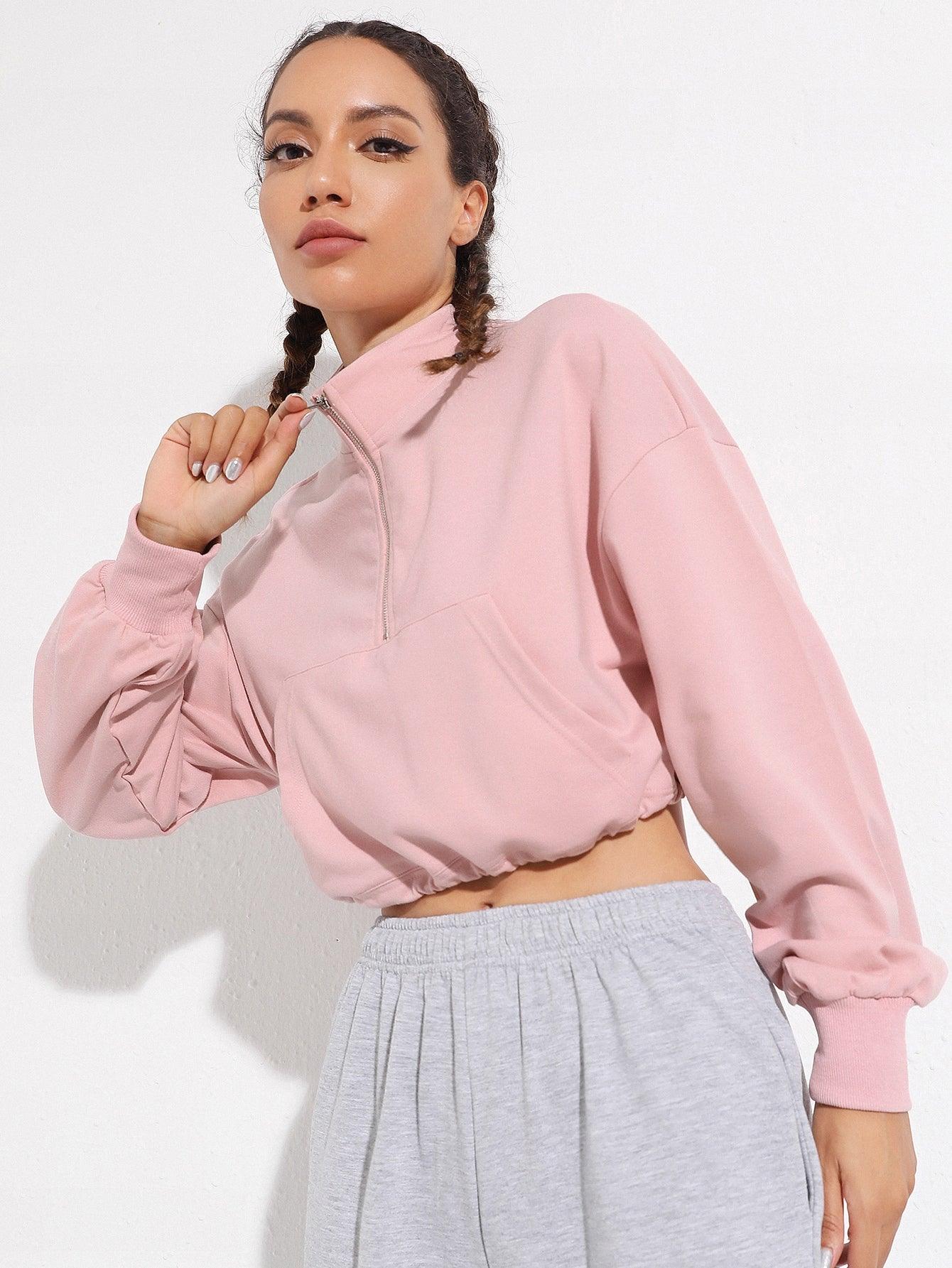 ZIPPER CROP HOODIE - pink kangaroo yoga