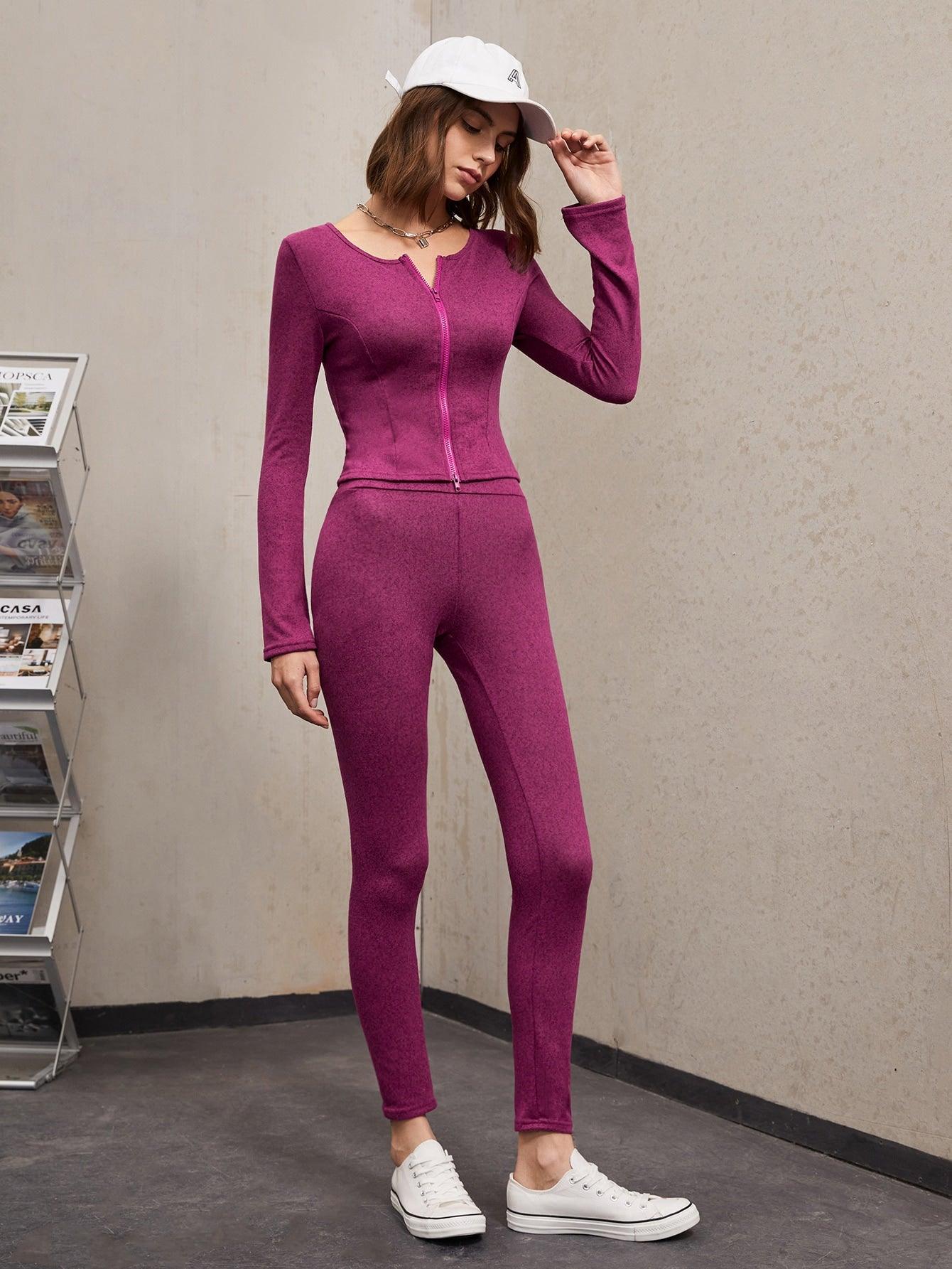 SOLID ZIP SPORTS SET - pink kangaroo yoga